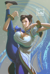 Rule 34 | 1girl, absurdres, artist name, blush, bracelet, breasts, brown eyes, brown hair, capcom, chinese clothes, chun-li, cleavage, commentary request, covered erect nipples, double bun, earrings, flexible, gold trim, hair bun, highres, jewelry, large breasts, leg up, lips, looking at viewer, makeup, pants, sandals, short sleeves, signature, simple background, skin tight, solo, split, standing, standing on one leg, standing split, street fighter, street fighter 6, tomo eokaiteru, turtleneck
