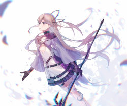 Rule 34 | 1girl, arknights, artist name, bad id, bad pixiv id, bare legs, belt, black gloves, black skirt, brown eyes, capelet, chromatic aberration, commentary request, dress, feet out of frame, floating hair, flower, gloves, hair between eyes, highres, holding, holding staff, indigo (arknights), infection monitor (arknights), light brown hair, long hair, parted lips, purple capelet, skirt, solo, staff, test tube, theta (swfh8575), thigh strap, very long hair, water, white background, white dress, white flower