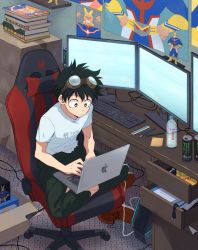 Rule 34 | 1boy, akiyama (noconoco), all might, boku no hero academia, book, book stack, bottle, box, cable, can, cardboard box, chair, computer, desk, energy drink, freckles, gaming chair, goggles, goggles on head, green eyes, green hair, highres, indian style, laptop, logo, midoriya izuku, poster (object), product placement, shoes, short hair, sitting, solo, swivel chair, unworn shoes, water bottle