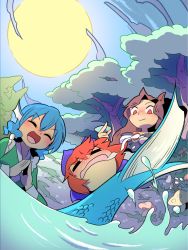 Rule 34 | 3girls, animal ears, blue hair, blush, brown hair, closed eyes, disembodied head, dutch angle, fins, from below, full-face blush, full moon, head fins, imaizumi kagerou, japanese clothes, kimono, long sleeves, looking at another, looking down, mermaid, monster girl, moon, moyazou (kitaguni moyashi seizoujo), multiple girls, nature, night, open mouth, partially submerged, red eyes, red hair, sekibanki, short hair, smile, touhou, tree, wakasagihime, water, wolf ears
