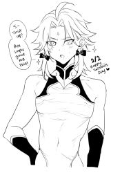 Rule 34 | 1boy, ahoge, alternate hairstyle, bare shoulders, blush, english text, facial mark, forehead mark, genshin impact, greyscale, hair ornament, hair ribbon, highres, long hair, looking at viewer, male focus, monochrome, open mouth, parted bangs, ribbon, simple background, skin tight, sleeveless, solo, sparkle, speech bubble, sushisalmon95, sweatdrop, twintails, twintails day, xiao (genshin impact)