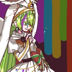 Rule 34 | 1girl, alina gray, bow, chain, deer head, earrings, feathered wings, green hair, habit, hair between eyes, holy alina, jewelry, long hair, looking down, magia record: mahou shoujo madoka magica gaiden, magical girl, mahou shoujo madoka magica, multicolored blood, multicolored hair, open mouth, pleated skirt, rro del, sidelocks, skirt, smile, solo, streaked hair, waist bow, white skirt, wings