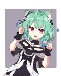 Rule 34 | 1girl, ahoge, animal ear fluff, animal ears, bare shoulders, black dress, cat ears, cat girl, clenched hands, collarbone, colored tips, detached collar, dress, fang, gothic lolita, green hair, hair ornament, highres, hololive, imosalad, kemonomimi mode, lolita fashion, multicolored hair, off-shoulder dress, off shoulder, open mouth, red eyes, short hair, short twintails, skin fang, skull hair ornament, solo, twintails, uruha rushia, uruha rushia (3rd costume), virtual youtuber, wrist cuffs