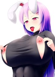 Rule 34 | 1girl, absurdres, animal ears, breasts, rabbit ears, denki (biribiri), heart, heart-shaped pupils, highres, huge breasts, lactation, large breasts, long hair, nippleless clothes, nipples, nursing sweater, open mouth, purple hair, red eyes, reisen udongein inaba, solo, sweater, symbol-shaped pupils, tongue, tongue out, touhou, upper body, very long hair