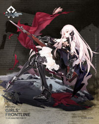 Rule 34 | 1girl, artist request, bayonet, black cape, black dress, black ribbon, bolt action, boots, breasts, cape, character name, closed mouth, copyright name, crop top, cross, dress, full body, garter belt, garter straps, gauntlets, girls&#039; frontline, gun, hair ribbon, high heel boots, high heels, highres, holding, holding gun, holding weapon, iron cross, kar98k (girls&#039; frontline), kar98k (mod3) (girls&#039; frontline), long hair, looking away, mauser 98, armored boots, mod3 (girls&#039; frontline), official art, promotional art, red eyes, ribbon, rifle, simple background, small breasts, solo, standing, thighhighs, torn cape, torn clothes, torn dress, weapon, white hair, white thighhighs, wide sleeves