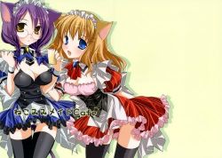 Rule 34 | 2girls, animal ears, artist request, black legwear, blue dress, blue eyes, blush, breasts, brown eyes, brown hair, cat ears, cat girl, cat tail, character request, cleavage, dress, glasses, large breasts, long hair, looking at viewer, lowres, maid, maid cafe, maid headdress, multiple girls, open mouth, panties, panty peek, puffy sleeves, purple hair, red dress, short hair, short sleeves, skirt, smile, source request, tail, thighhighs, underwear, waitress, white panties, yellow background