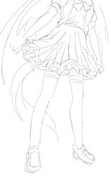 Rule 34 | 1girl, bow, greyscale, horse tail, long hair, monochrome, pleated skirt, puffy short sleeves, puffy sleeves, school uniform, shirt, shoes, short sleeves, simple background, sketch, skirt, solo, standing, sy a3, tail, tamamo cross (umamusume), thighhighs, tracen school uniform, umamusume, very long hair, white background