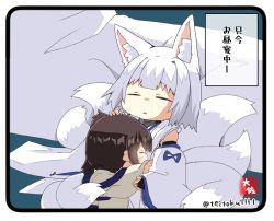 Rule 34 | 1boy, 2girls, animal ears, azur lane, black hair, blunt bangs, bridal gauntlets, commander (azur lane), commentary request, crossover, detached sleeves, fox ears, fox girl, fox tail, hair between eyes, headpat, historical name connection, japanese clothes, kaga (battleship) (azur lane), kaga (kancolle), kantai collection, kitsune, kyuubi, long hair, long sleeves, military, military uniform, mini person, minigirl, multiple girls, multiple tails, name connection, naval uniform, out of frame, parted lips, short hair, side ponytail, sidelocks, signature, simple background, size difference, sleeping, sleeping on person, tail, taisa (kari), tasuki, triangle mouth, twitter username, uniform, white hair, wide sleeves