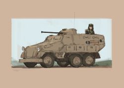 Rule 34 | 1girl, black hair, border, brown border, commentary, crossed arms, english commentary, from side, green headwear, green jacket, highres, jacket, medium hair, military, military truck, military vehicle, motor vehicle, original, sketch, sky, truck, turret, vehicle focus, xerbatt