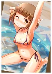 Rule 34 | 10s, 1girl, arm behind head, armpits, arms up, barefoot, bikini, blush, border, breasts, brown eyes, brown hair, cleft of venus, crotchless, feet, female focus, hair ornament, hairclip, highres, holding own arm, idolmaster, idolmaster cinderella girls, kitami yuzu, medium breasts, navel, nippleless clothes, nipples, nude, one eye closed, pussy, short hair, sitting, smile, soles, solo, swimsuit, uncensored, vanilla anmitsu, wink