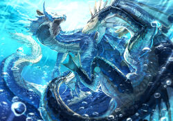 Rule 34 | air bubble, battle, blue scales, bubble, dragon, highres, horns, lagiacrus, monster, monster focus, monster hunter (series), no humans, ocean, orange horns, partially submerged, plesioth, scales, sea monster, submerged, touro, underwater, wyvern