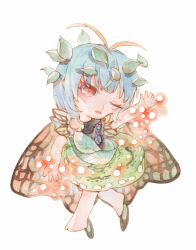 Rule 34 | 1girl, antennae, aqua hair, barefoot, butterfly wings, chibi, dress, eternity larva, fairy, full body, green dress, highres, insect wings, leaf, leaf on head, multicolored clothes, multicolored dress, nai cang, one eye closed, open mouth, orange eyes, painting (medium), short hair, short sleeves, simple background, solo, touhou, traditional media, watercolor (medium), white background, wings