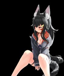 Rule 34 | 1girl, animal collar, animal ears, arms between legs, bikini, bikini under clothes, black background, black collar, black hair, black hoodie, blush, breasts, brown eyes, cleavage, collar, embarrassed, feet out of frame, hair between eyes, hair ornament, hairclip, highres, hololive, hood, hoodie, large breasts, long hair, looking away, looking to the side, low-tied long hair, multicolored hair, ookami mio, ookami mio (hololive summer 2019), partially unzipped, red hair, sidelocks, sideways glance, simple background, sitting, skindentation, solo, streaked hair, swimsuit, tail, thigh strap, very long hair, virtual youtuber, wolf ears, wolf girl, wolf tail, xiaodong327399