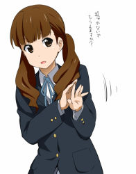 Rule 34 | 1girl, blazer, blunt bangs, brown eyes, brown hair, extra, hand up, jacket, k-on!, leaning, long hair, open mouth, ribbon, school uniform, simple background, solo, twintails, wakaouji ichigo, wavy hair, white background, youkan
