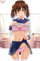 Rule 34 | 1girl, blue skirt, bow, bow panties, bra, breasts, brown hair, cleavage, clothes lift, gluteal fold, isshiki (ffmania7), lifting own clothes, long sleeves, looking at viewer, navel, original, panties, pink bra, pink panties, red bow, school uniform, serafuku, shiny skin, shirt lift, skirt, skirt lift, solo, stomach, thigh gap, thighhighs, twintails, underwear, white thighhighs, yellow eyes