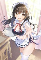Rule 34 | &quot;rouhou&quot; ore no iinazuke ni natta jimiko ie dewa kawaii shikanai., 1girl, :d, ahoge, apron, bare arms, bare shoulders, bikini, black bikini, breasts, brown hair, crop top, detached collar, foreshortening, frilled bikini, frills, hair ornament, hairclip, highres, holding, long hair, looking at viewer, maid, maid apron, maid headdress, medium breasts, midriff, navel, neck ribbon, official alternate costume, open mouth, orange eyes, outstretched arm, reaching, reaching towards viewer, revealing clothes, ribbon, side-tie bikini bottom, sleeveless, smile, solo, standing, stomach, sweatdrop, swimsuit, table, tan (tangent), thighhighs, thighs, tray, waist apron, watanae yuuka, white thighhighs, wooden floor, wooden table