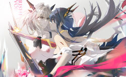 Rule 34 | 2girls, absurdres, arknights, bare shoulders, black hair, blood, breasts, ch&#039;en (arknights), chinese commentary, collarbone, commentary request, dragon girl, dragon horns, dragon tail, grey eyes, grey hair, head grab, highres, holding, holding sword, holding weapon, horns, incest, injury, large breasts, long hair, looking at another, medium breasts, multiple girls, nipples, off shoulder, red eyes, shirt, siblings, sisters, smile, sword, tail, talulah (arknights), twintails, viod yuhua, weapon, white shirt, yuri