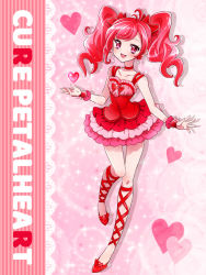Rule 34 | ahoge, blush, bow, detached sleeves, earrings, flats, hair bow, hair ornament, heart, heart earrings, jewelry, kagami chihiro, leg up, looking at viewer, magical girl, open mouth, original, pink background, precure, red eyes, red hair, smile, sparkle background, twintails