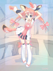 Rule 34 | 1girl, :d, animal ears, arms up, artist name, black skirt, blue eyes, bow, clothes writing, collarbone, dancing, fox ears, fox tail, gloves, hair bow, indoors, long hair, looking at viewer, miniskirt, open mouth, original, pink gloves, pleated skirt, red bow, red hair, short sleeves, sketch, skirt, smile, solo, standing, table, tail, tareme, thighhighs, tougetsu gou, twintails, white thighhighs, wrist cuffs, zettai ryouiki