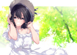 Rule 34 | 1girl, adjusting hair, bare arms, bare shoulders, black eyes, black hair, blurry, blurry background, blush, bow, breasts, clenched teeth, detached sleeves, dress, fingernails, frilled dress, frills, grin, hair between eyes, happy, hat, hat ribbon, highres, holding, holding clothes, holding hat, holding own hair, long hair, looking at viewer, medium breasts, nail polish, open mouth, original, pink nails, purple eyes, ribbon, shaded face, sleeveless, smile, solo, standing, straw hat, sun hat, sundress, teeth, u35, upper body, white bow, white dress, wind