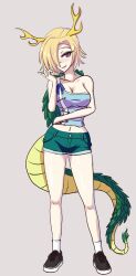 Rule 34 | 1girl, absurdres, adapted costume, aohadapeach, black footwear, blonde hair, blue shirt, breasts, cleavage, commentary, commission, dragon girl, dragon horns, dragon tail, english commentary, fang, full body, green shorts, grey background, hair over one eye, highres, horns, kicchou yachie, large breasts, looking at viewer, medium breasts, navel, red eyes, shirt, short hair, shorts, simple background, smile, socks, solo, standing, tail, touhou, turtle shell, white socks