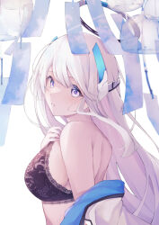 Rule 34 | 1girl, black bra, blue archive, blush, bra, breasts, from side, grey hair, halo, hand on own chest, headgear, highres, hojiro same, jacket, lace, lace-trimmed bra, lace trim, large breasts, long hair, looking at viewer, noa (blue archive), off shoulder, parted lips, purple eyes, sideboob, sidelocks, solo, swept bangs, underwear, white jacket, wind chime