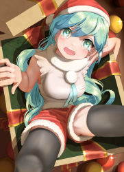 Rule 34 | 1girl, absurdres, aqua eyes, aqua hair, aqua ribbon, bare shoulders, black thighhighs, blush, box, christmas, christmas ornaments, commentary, from above, fur-trimmed headwear, fur-trimmed shirt, fur-trimmed shorts, fur trim, glint, hat, hatsune miku, hatsune miku (nt), highres, in box, in container, long hair, looking at viewer, neck ribbon, open mouth, piapro, red hat, red shorts, ribbon, santa hat, shirt, short shorts, shorts, shoulder tattoo, sleeveless, sleeveless shirt, solo, sparkle, tattoo, tears, thighhighs, twintails, very long hair, vocaloid, white shirt, yu-ame