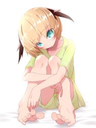 1girl barefoot blonde_hair blue_eyes commentary_request fate/grand_order fate_(series) feet full_body gareth_(fate) head_tilt highres hugging_own_legs knees_to_chest looking_at_viewer neck_o pajamas short_hair simple_background sitting solo toes white_background