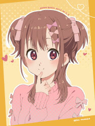 1girl 22/7 absurdres blush border bow brown_eyes brown_hair character_name closed_mouth dated finger_to_mouth hair_bow hair_ornament happy_birthday heart heart_of_string highres long_hair long_sleeves orange_background orange_border pink_bow pink_sweater portrait sera_honoka smile solo sweater tanpaku_(oqu_2) two_side_up