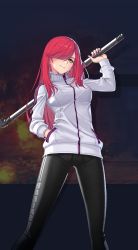 Rule 34 | 1girl, breasts, closers, earrings, green eyes, highres, holding, holding smoking pipe, jang misuk (closers), jewelry, long hair, official art, red hair, smile, smoking pipe, solo, third-party edit