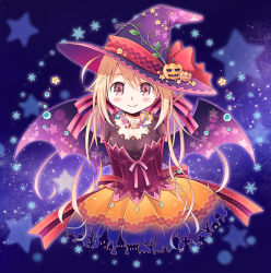 Rule 34 | &gt; &lt;, 1girl, :&gt;, arms behind back, bat wings, breasts, brown eyes, brown hair, dress, closed eyes, hat, jewelry, long hair, looking at viewer, mizuna tomomi, necklace, original, silhouette, smile, solo, star (symbol), wings, witch hat