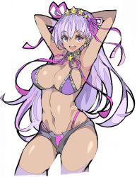 Rule 34 | 1girl, armpits, arms up, bare shoulders, bb (fate), bb (fate) (all), bb (swimsuit mooncancer) (fate), bb (swimsuit mooncancer) (second ascension) (fate), bikini, breasts, dark-skinned female, dark skin, enpe, fate/grand order, fate (series), hairband, highres, large breasts, long hair, micro shorts, navel, open mouth, purple eyes, purple hair, shorts, simple background, solo, swimsuit, very long hair, white background