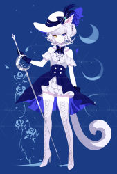 Rule 34 | 1girl, animal ears, artist name, bare shoulders, blue background, blue bow, blue eyes, blue gloves, blue skirt, boots, bow, cat ears, cat tail, clothing cutout, commentary, full body, gloves, hat, hat bow, heterochromia, high heel boots, high heels, highres, looking at viewer, miniskirt, original, rapier, sheya, shirt, short hair, shoulder cutout, signature, silver hair, skirt, solo, standing, sword, symbol-only commentary, tail, thigh boots, thighhighs, weapon, white hat, white shirt, white thighhighs, yellow eyes, zettai ryouiki