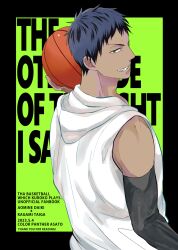 Rule 34 | 1boy, aomine daiki, ball, basketball (object), black sleeves, blue eyes, blue hair, colorpanther, dated, detached sleeves, english text, from side, green background, grin, highres, holding, holding ball, hood, hoodie, kuroko no basuke, looking at viewer, male focus, sleeveless, sleeveless hoodie, smile, solo, upper body, white hoodie