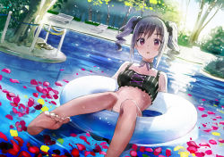 Rule 34 | 1girl, afloat, barefoot, bikini, black thighhighs, day, drill hair, feet, honjou masato, idolmaster, idolmaster cinderella girls, innertube, kanzaki ranko, long hair, open mouth, outdoors, petals, pool, red eyes, silver hair, soles, solo, swim ring, swimsuit, thighhighs, toes, twin drills, twintails