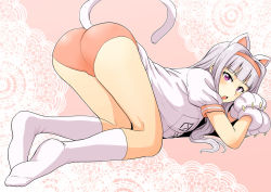 Rule 34 | 1girl, all fours, animal ears, animal hands, ass, buruma, cat ears, cat paws, cat tail, doily, feet, gloves, gym uniform, hairband, idolmaster, idolmaster (classic), in heat, kneehighs, long hair, looking at viewer, no shoes, paw gloves, purple eyes, shijou takane, silver hair, socks, solo, tail, top-down bottom-up, tsurui, white socks