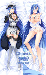 Rule 34 | 10s, 1girl, :o, akame ga kill!, artist name, bare shoulders, barefoot, blue eyes, blue hair, blush, breasts, breasts out, choker, cleavage, clothes pull, dakimakura (medium), dress shirt, esdeath, full body, grandia bing, hat, large breasts, long hair, looking at viewer, lying, military, military uniform, multiple views, nipples, on back, peaked cap, pillow, pussy, shirt, shirt pull, thighhighs, third-party source, uncensored, uniform, very long hair, zettai ryouiki