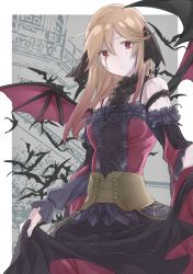 Rule 34 | 1girl, :|, arm scrunchie, asymmetrical bangs, bare shoulders, bat (animal), bat wings, blonde hair, blood, bloody tears, breasts, building, closed mouth, commentary request, cowboy shot, cracked skin, detached sleeves, dress, duel monster, expressionless, frilled dress, frilled shirt collar, frilled sleeves, frills, gothic lolita, gradient hair, grey background, hair between eyes, head wings, highres, jewelry, lolita fashion, long hair, looking at viewer, medium breasts, multicolored clothes, multicolored dress, multicolored hair, necklace, pale skin, plaid, red dress, red eyes, skirt hold, sleeveless, sleeveless dress, strap, tsumayouji (dekosoko), two-tone background, vampire, vampire fraulein, white background, wings, yu-gi-oh!