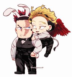 2boys animal_ears black_pants black_vest blonde_hair boku_no_hero_academia bow bowtie chibi couple endeavor_(boku_no_hero_academia) facial_hair feathered_wings flying full_body hawks_(boku_no_hero_academia) male_focus male_playboy_bunny mature_male multiple_boys muscular muscular_male pants pectorals popo_take rabbit_ears red_hair scar scar_across_eye scar_on_face shirt short_hair sideburns spiked_hair spoilers stubble tail vest white_shirt wings yaoi