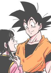 Rule 34 | 1boy, 1girl, absurdres, black eyes, black hair, chi-chi (dragon ball), chinese clothes, collarbone, commentary, dougi, dragon ball, dragonball z, eyelashes, facing away, happy, height difference, highres, interlocked fingers, looking at another, looking up, miiko (drops7), open mouth, own hands clasped, own hands together, profile, simple background, smile, son goku, spiked hair, upper body, white background