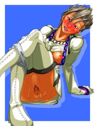 Rule 34 | 00s, 1girl, aozoraichi, blush, boots, breasts, censored, clothes lift, crossed legs, dark-skinned female, dark skin, female pubic hair, final fantasy, final fantasy x, final fantasy x-2, gloves, grey hair, grey panties, head tilt, large breasts, lipstick, makeup, mosaic censoring, nipples, no bra, paine, paine (ff10), panties, panty pull, pubic hair, pussy, pussy juice, red eyes, shirt lift, short hair, sitting, smile, solo, spiked hair, sweat, thigh boots, thighhighs, underwear, white gloves, white mage (final fantasy)