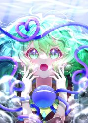 Rule 34 | 1girl, 72mikan 1687, air bubble, blue nails, blush, bubble, buttons, close-up, collar, commentary request, diamond button, eyeball, eyelashes, floating hair, frilled shirt collar, frilled sleeves, frills, green collar, green eyes, green hair, hair between eyes, hands up, heart, heart of string, highres, komeiji koishi, looking at viewer, medium hair, nail polish, open mouth, shirt, solo, straight-on, surprised, third eye, touhou, underwear, wavy hair, wavy mouth, wide sleeves, yellow shirt