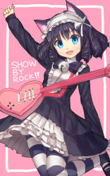 Rule 34 | 10s, 1girl, animal ears, arm up, bell, black dress, black hair, blue eyes, cat ears, collar, copyright name, cyan (show by rock!!), dress, drill hair, electric guitar, fang, guitar, hairband, highres, instrument, lolita fashion, lolita hairband, long sleeves, neck bell, open mouth, pantyhose, pink background, shone, show by rock!!, simple background, smile, solo, standing, standing on one leg, strawberry heart (show by rock!!), striped clothes, striped dress, striped pantyhose