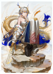 1girl absurdres arknights bare_shoulders bead_bracelet beads black_footwear blonde_hair blue_hair blue_pants boots bracelet closed_mouth commentary_request dragon_girl dragon_horns dragon_tail earrings full_body ganet_p hair_ornament hair_stick highres holding_wheat horns jacket jewelry knees_up long_hair long_sleeves looking_at_viewer multicolored_hair multicolored_pants pants pointy_ears red_pants shirt shu_(arknights) sitting smile solo strapless strapless_shirt tail very_long_hair white_hair white_jacket white_pants white_shirt