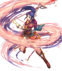 Rule 34 | 1girl, armor, blue eyes, blue hair, boots, brown footwear, energy, female focus, fire emblem, fire emblem: new mystery of the emblem, fire emblem heroes, full body, highres, holding, holding polearm, holding spear, holding weapon, izuka daisuke, kris (fire emblem), long hair, matching hair/eyes, nintendo, official art, open mouth, petals, polearm, ponytail, sheath, shorts, solo, spear, sword, thighhighs, transparent background, weapon