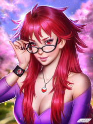 Rule 34 | 1girl, adjusting eyewear, artist name, ayya sap, black nails, blurry, breasts, cherry blossoms, cleavage, collarbone, depth of field, glasses, jewelry, karin (naruto), large breasts, looking at viewer, nail polish, naruto, naruto (series), necklace, pink lips, red eyes, red hair, smile, solo, sparkle, upper body, watermark, web address, wristband