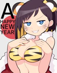 Rule 34 | 1girl, animal ears, blue eyes, blush, boku no kokoro no yabai yatsu, breasts, bright pupils, brown hair, cape, chinese zodiac, cleavage, commentary request, facial mark, fur-trimmed cape, fur trim, grey background, grin, happy new year, hospital king, ichikawa kana, looking at viewer, medium breasts, new year, red cape, ringed eyes, short bangs, short hair, simple background, smile, solo, tiger ears, tiger stripes, upper body, whisker markings, white pupils, year of the tiger