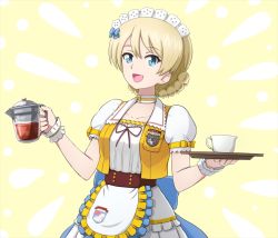 Rule 34 | 10s, 1girl, :d, alternate costume, apron, blonde hair, blue bow, blue eyes, bow, bow choker, braid, choker, coco&#039;s, commentary, cup, darjeeling (girls und panzer), emblem, english text, frilled apron, frilled skirt, frills, girls und panzer, hair bow, holding, jacket, large bow, layered skirt, looking at viewer, maid headdress, name tag, omachi (slabco), open mouth, puffy short sleeves, puffy sleeves, shirt, short hair, short sleeves, skirt, smile, solo, st. gloriana&#039;s (emblem), teacup, teapot, tray, twin braids, upper body, waist apron, white apron, white shirt, white skirt, wristband, yellow choker, yellow jacket