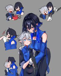 Rule 34 | 1boy, 1girl, absurdres, bare shoulders, blue eyes, blue hair, blush, boros (ouro kronii), breasts, cleavage, cleavage cutout, clothing cutout, colored inner hair, dark blue hair, detached sleeves, firing, gloves, grey background, gun, hair intakes, hetero, highres, holding, holding gun, holding weapon, hololive, hololive english, injury, kiss, kissing forehead, kissing hand, koizumi arata, large breasts, multicolored hair, ouro kronii, ouro kronii (4th costume), personification, virtual youtuber, weapon, white gloves, white hair
