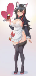 Rule 34 | 1girl, absurdres, animal ear fluff, animal ears, apron, black fur, black hair, black thighhighs, breasts, cleavage, closed mouth, cup, full body, hair between eyes, hair ornament, hairpin, heart, highres, hololive, iced tea, large breasts, long hair, long sleeves, looking at viewer, mahou io, multicolored hair, one eye closed, ookami mio, red hair, shoes, smile, solo, standing, streaked hair, tail, tail around own leg, thighhighs, tray, virtual youtuber, wolf ears, wolf girl, wolf tail, yellow eyes